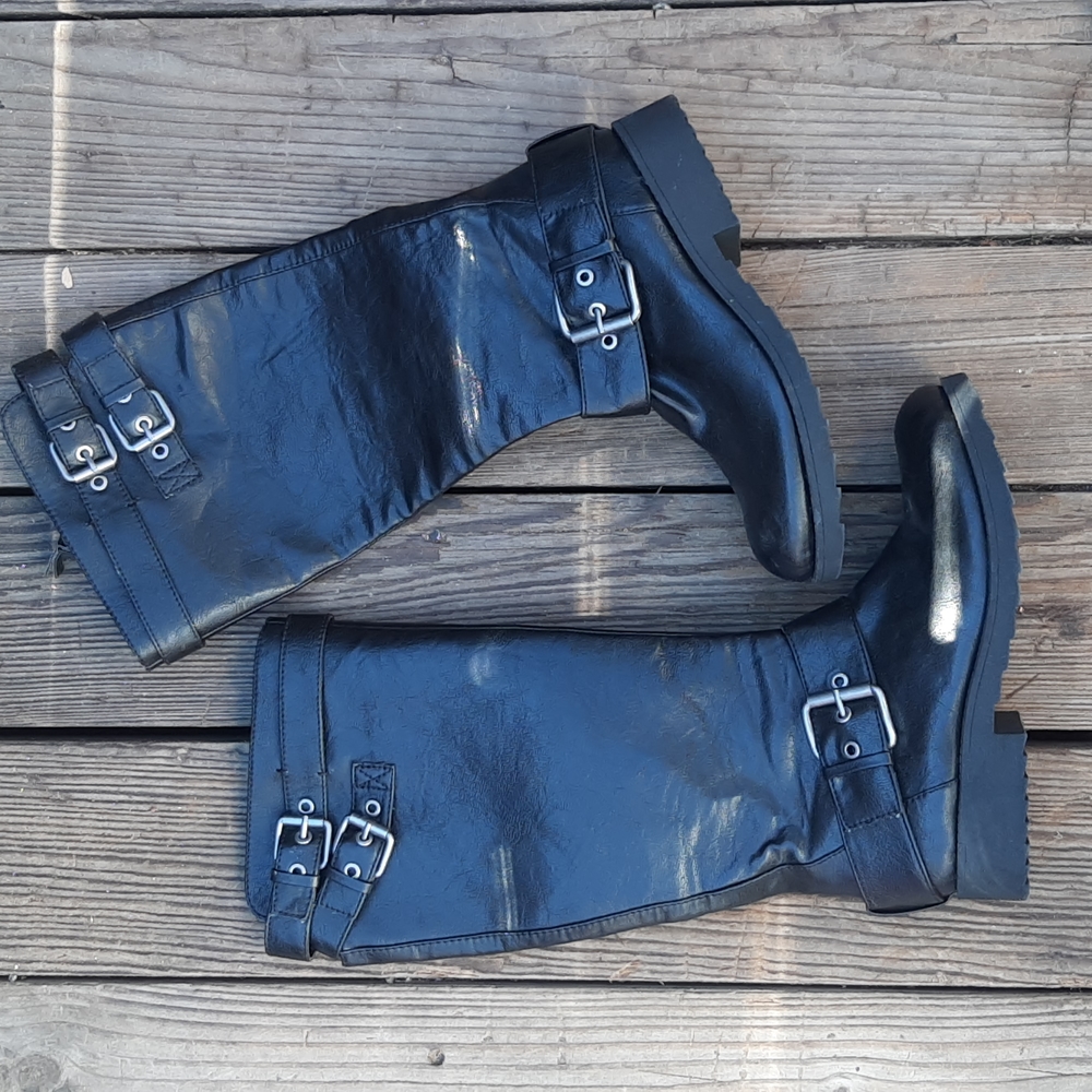 Nine west vegan leather tall buckle accents side zip black boots